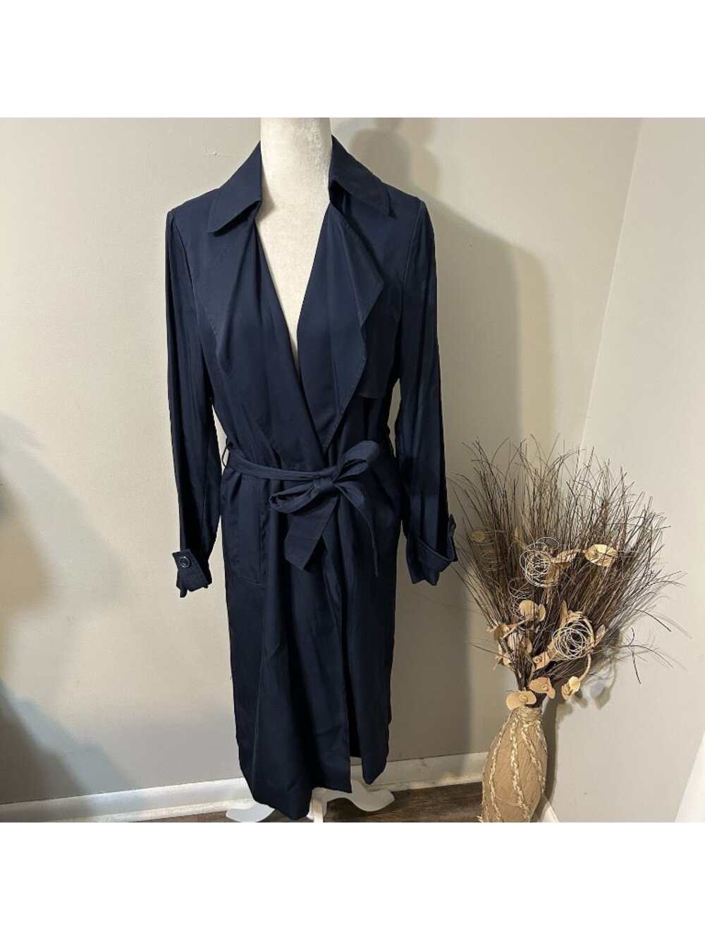NWT A Loves A Open Front Draped Navy Blue Trench Coat Lightweight Lined Belted M
